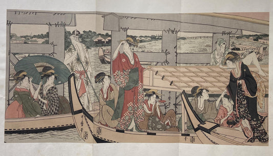 1906, Japanese antique woodblock print, Kitagawa Utamaro, "On Top of and beneath Ryôgoku Bridge" ,from Ukiyoe-ha-gashu.