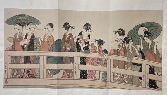 1906, Japanese antique woodblock print, Kitagawa Utamaro, "On Top of and beneath Ryôgoku Bridge" ,from Ukiyoe-ha-gashu.