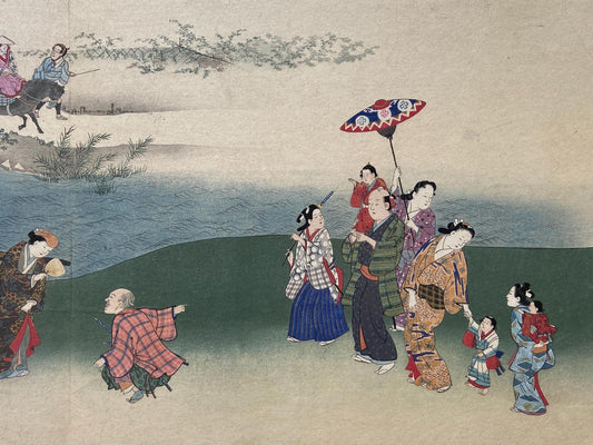 Japanese antique Ukiyoe, woodcut print, 1906, Japanese antique woodblock print, Miyagawa Choshun, "四季行楽図" ,from Ukiyoe-ha-gashu.