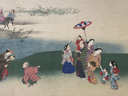 Japanese antique Ukiyoe, woodcut print, 1906, Japanese antique woodblock print, Miyagawa Choshun, "四季行楽図" ,from Ukiyoe-ha-gashu.