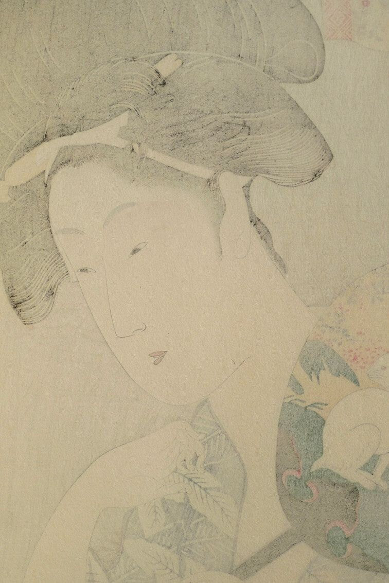 Japanese Ukiyoe, Woodblock print, antique, Tamagawa Shucho,  "An Elegant Series of Amulet Painting, Rabbit and Cock"
