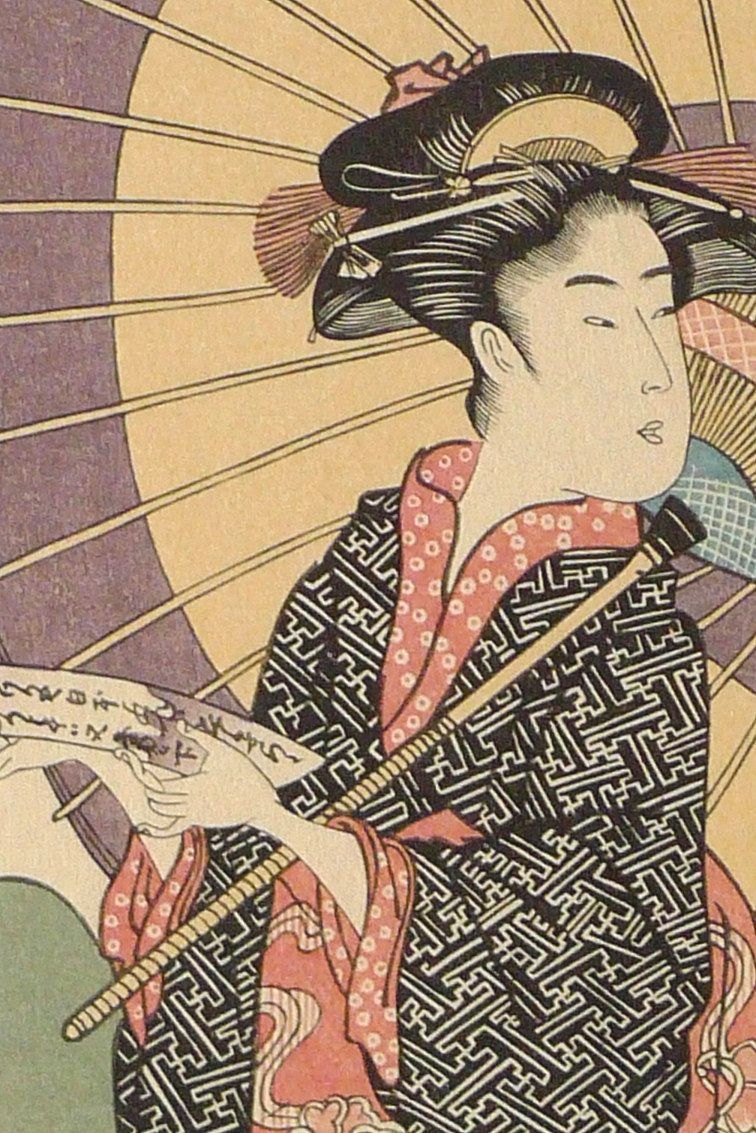 Japanese Ukiyoe, Woodblock print, antique, Utagawa Toyokuni,  "A Modern Version of Komachi Praying for Rain"