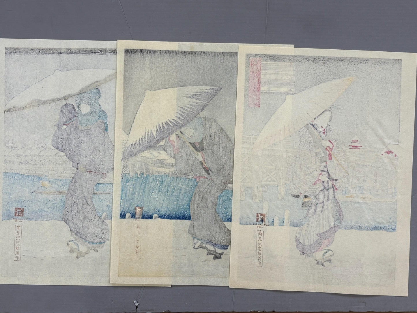 Japanese Ukiyoe, woodcut print, Hiroshige, "Evening Snow at Asakusa, triptych", Woodcut print.