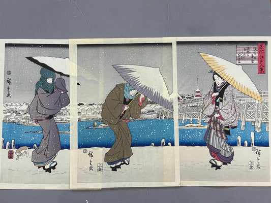 Japanese Ukiyoe, woodcut print, Hiroshige, "Evening Snow at Asakusa, triptych", Woodcut print.