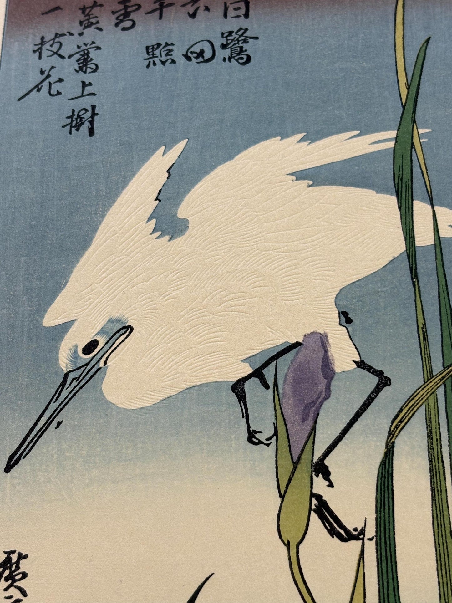 Japanese Ukiyo-e Woodblock print, Ando Hiroshige, "White Heron and Iris"