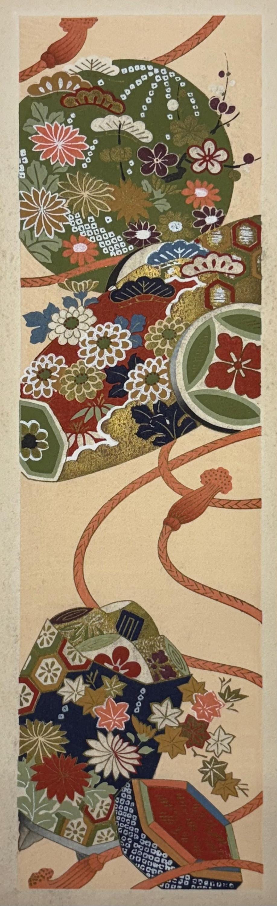 Japanese antique woodblock print, Design, 1937, Kawarazaki Kodo, Kimono design. 2-30