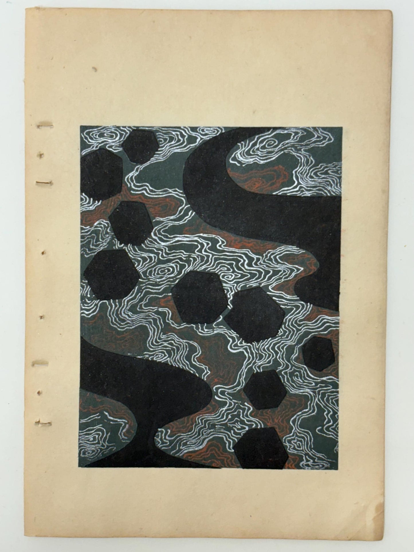 Japanese Antique Original Woodcut Print, Japanese design, Around 1900, Shin-Bijutsukai 9, Antique Japanese print, Kimono Design.