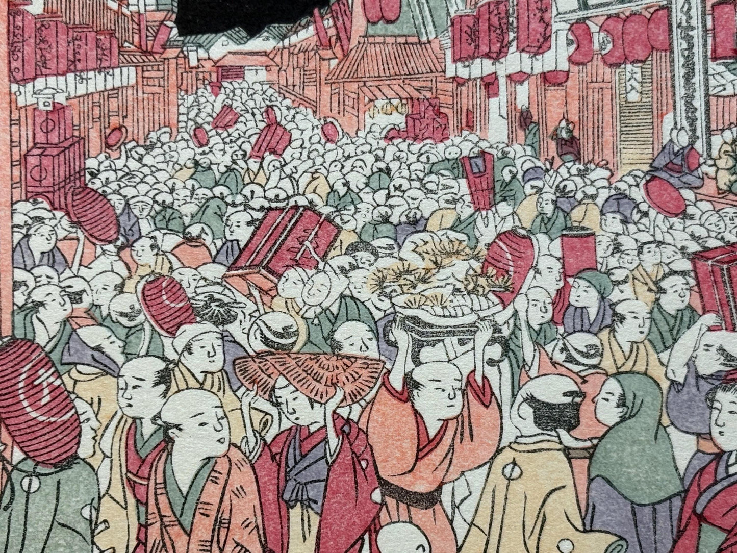 Japanese Ukiyoe, woodcut print, Utagawa Toyoharu, "Night sight in the Kao-mise season at the Theater District of Sakai-cho and Fukiya-cho"