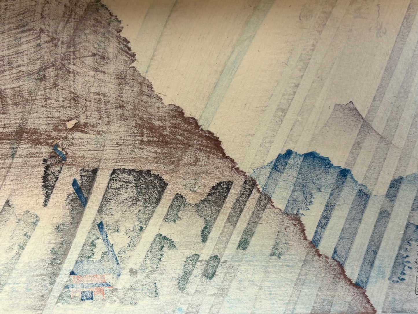 Japanese Ukiyoe, woodcut print, Utagawa Toyokuni 2 (Toyoshige), "Night rain Oyama" from the set "Meishô Hakkei"