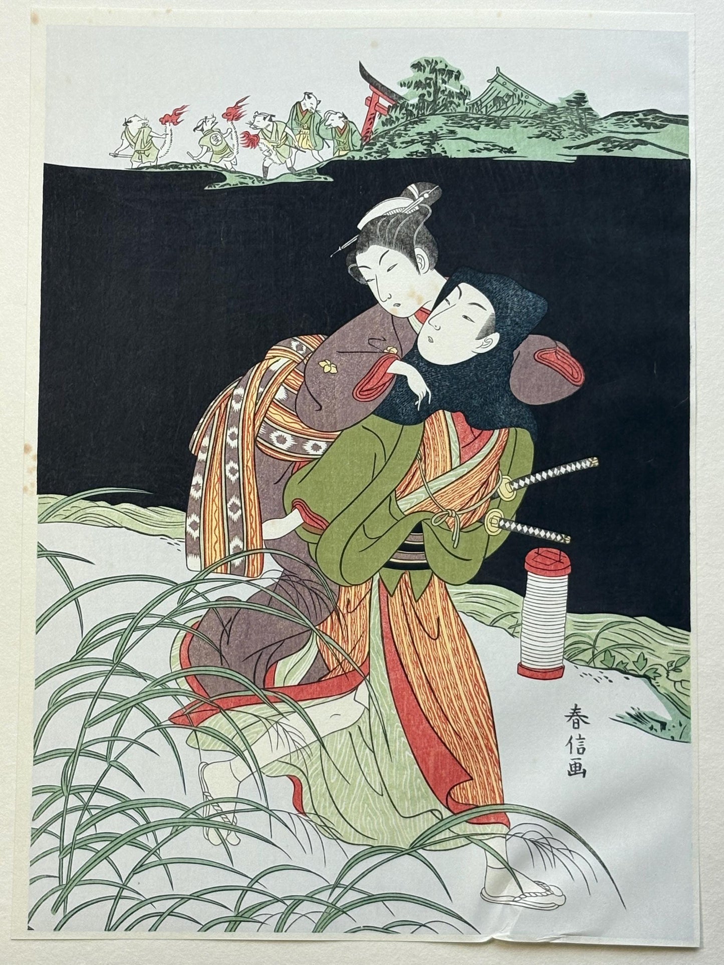 Japanese Ukiyoe, woodcut print, Harunobu, "Elopement of Osen and her lover"