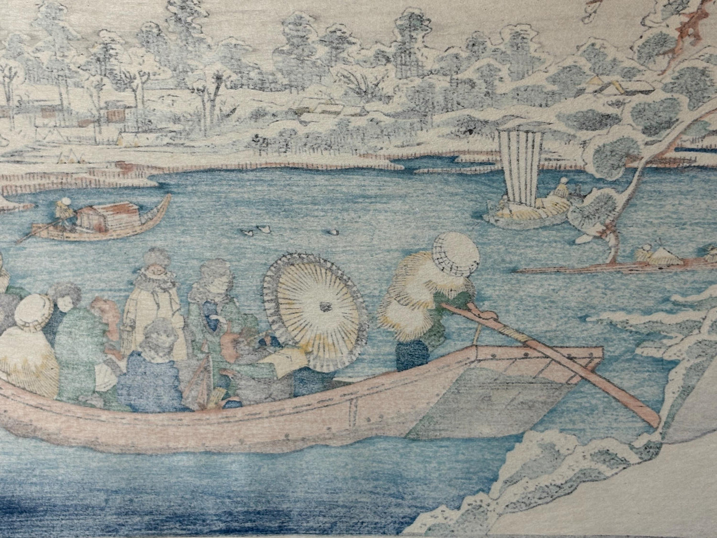 Japanese Ukiyoe, woodcut print, Eisen, "Snow sight of Sumida river in Edo"