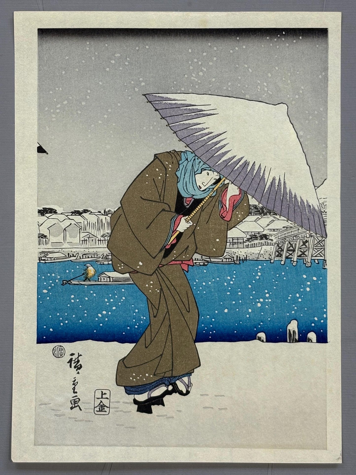 Japanese Ukiyoe, woodcut print, Hiroshige, "Evening Snow at Asakusa, triptych", Woodcut print.