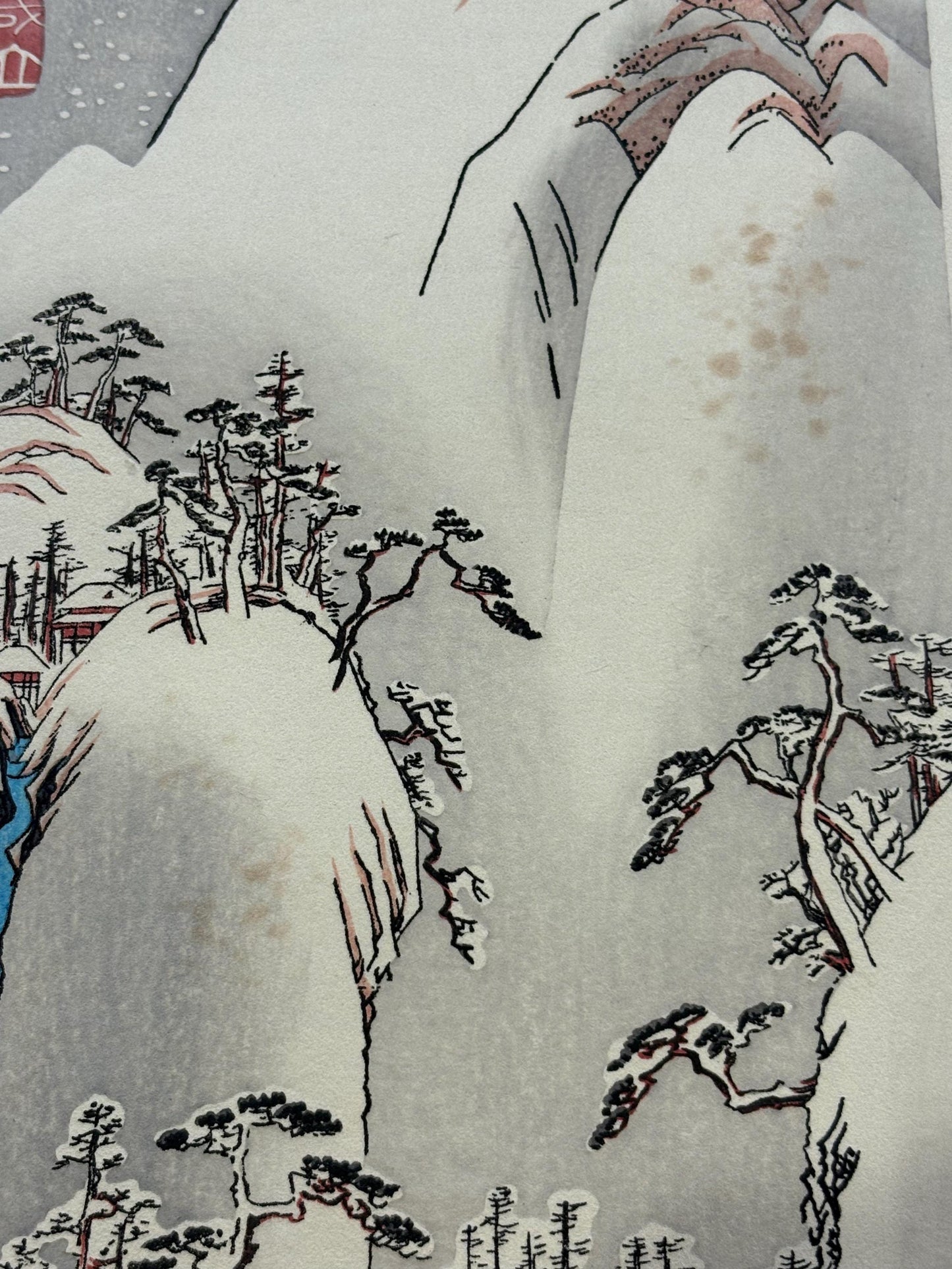 Japanese Ukiyo-e Woodblock print, Ando Hiroshige, "A snowy gorge"