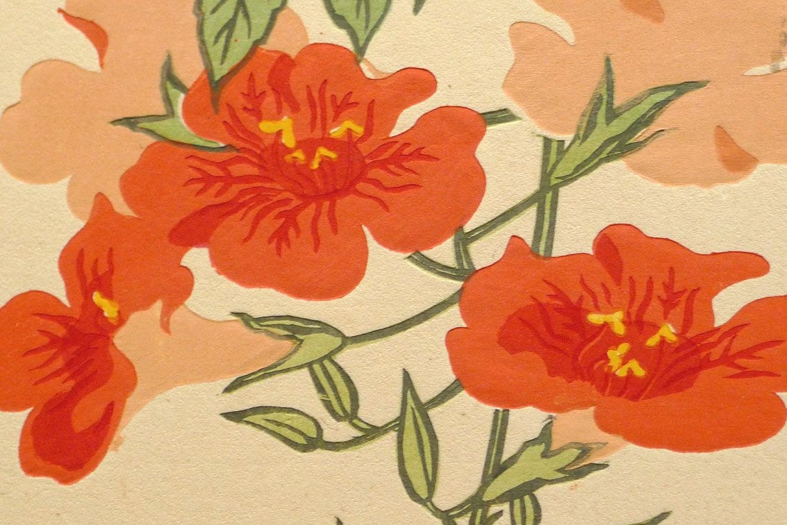 1932, Ukiyoe, Original Sōsaku-hanga, Woodblock print, Tomikichiro Tokuriki, "Trumpet creeper"
