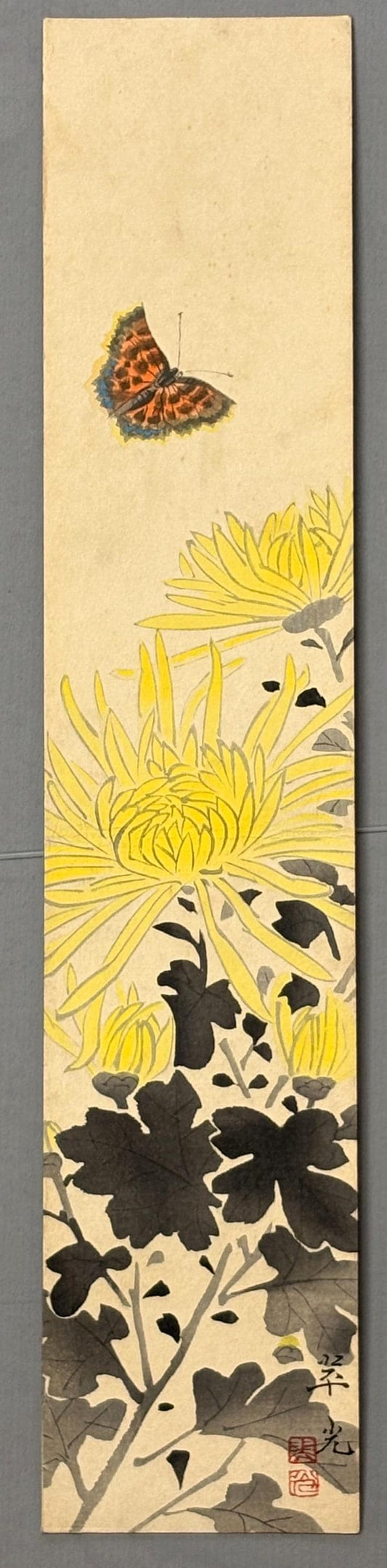 Japanese woodblock print, Fukuda Suiko,"Chrysanthemum and  Butterfly"