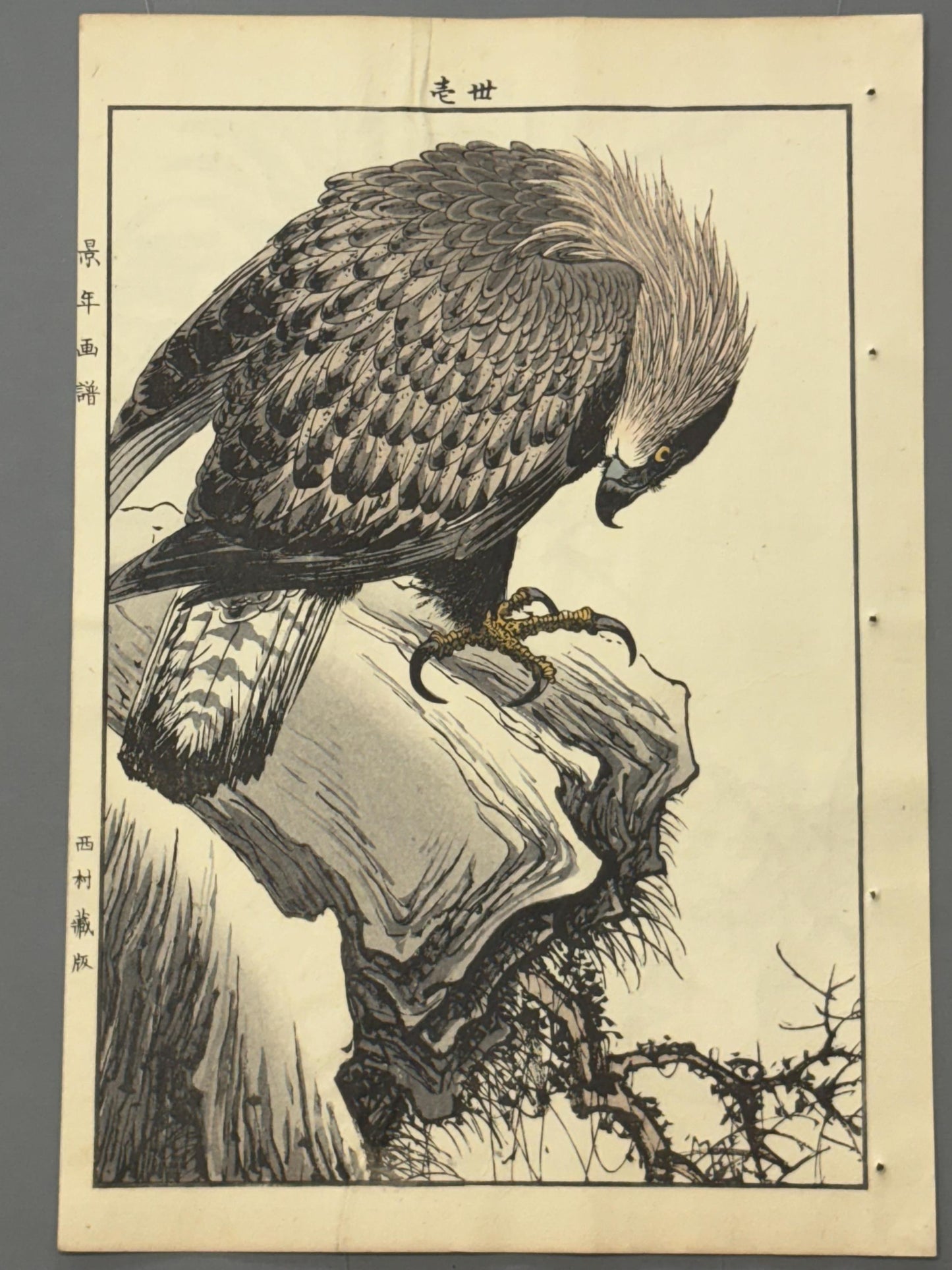 Japanese antique woodcut print, 1892, Imao Keinen, "Dead tree, Steep, Golden eagle"