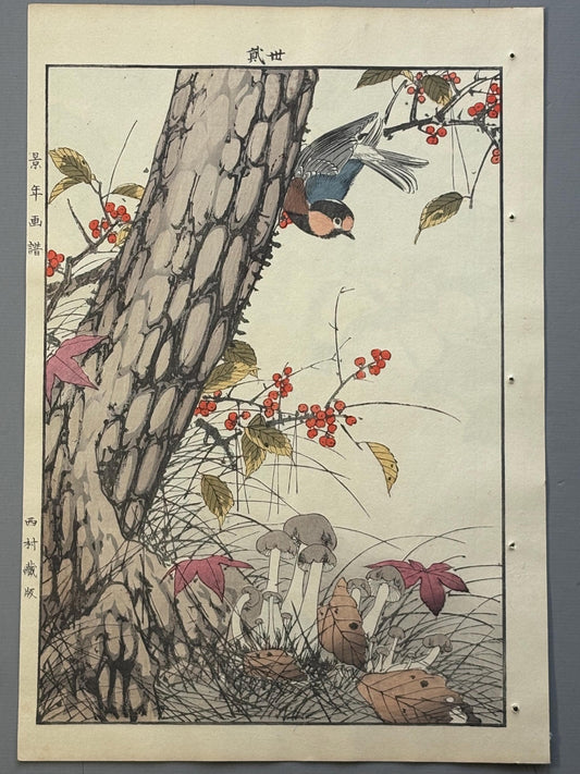 Japanese antique woodcut print, 1892, Imao Keinen, "Japanese winterberry, Stinking dapperling, Varied tit"