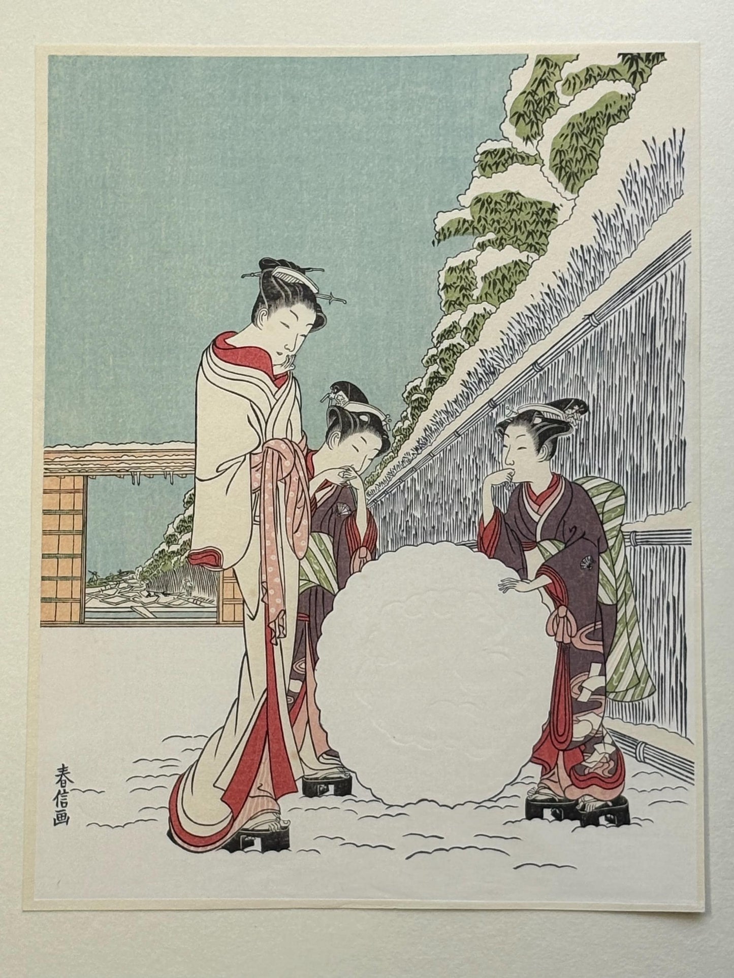 Japanese Ukiyoe, woodcut print, Suzuki Harushige (alias Shiba Kôkan), "Sight after snow"
