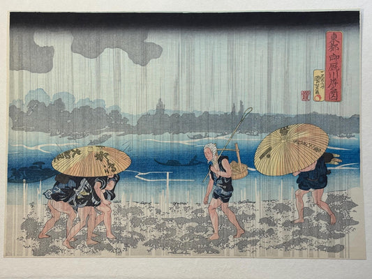 Japanese Ukiyoe, woodcut print, Ichiyûsai Kuniyoshi, "Sight at Oumaya-gashi in Edo"