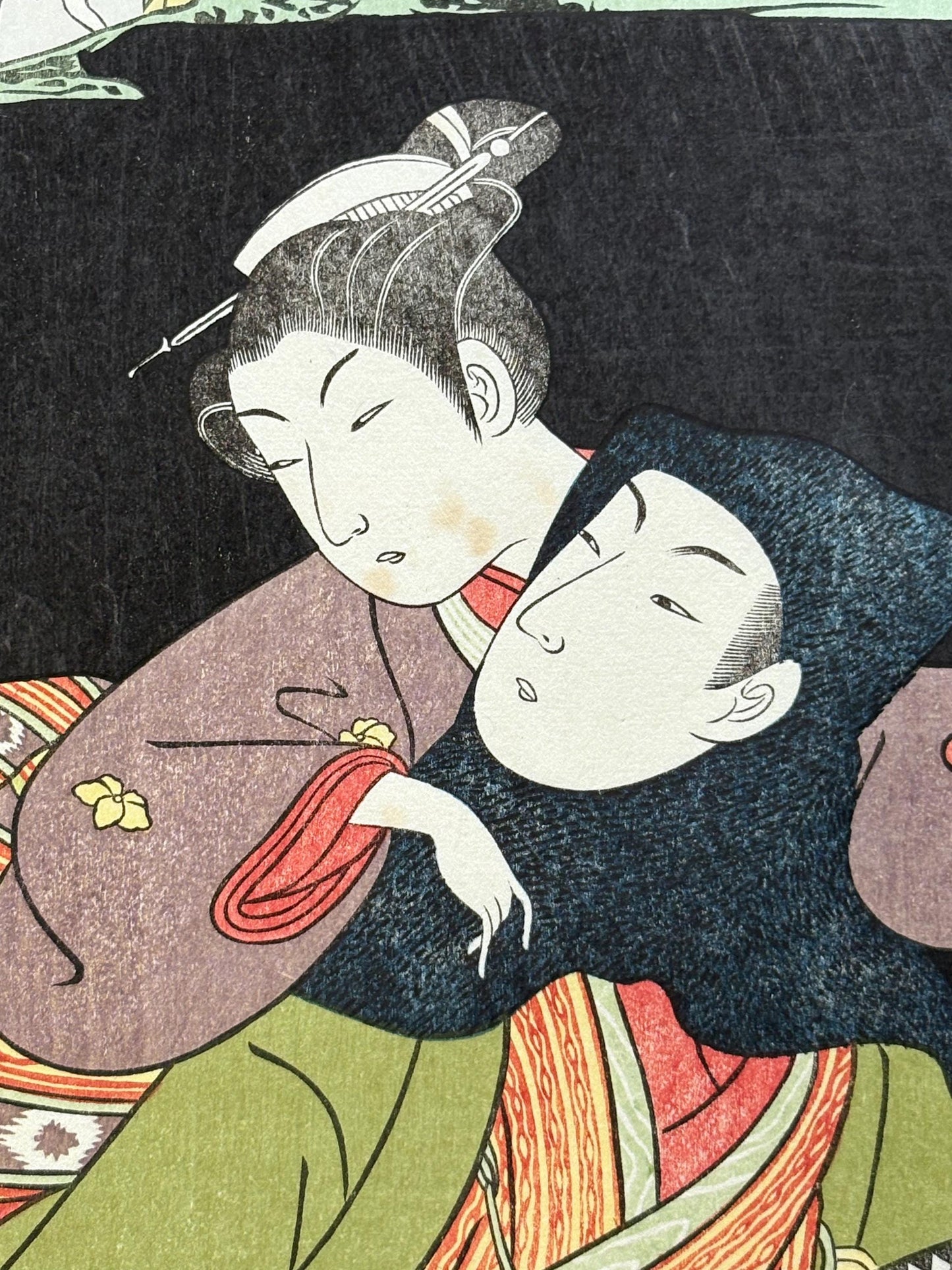 Japanese Ukiyoe, woodcut print, Harunobu, "Elopement of Osen and her lover"