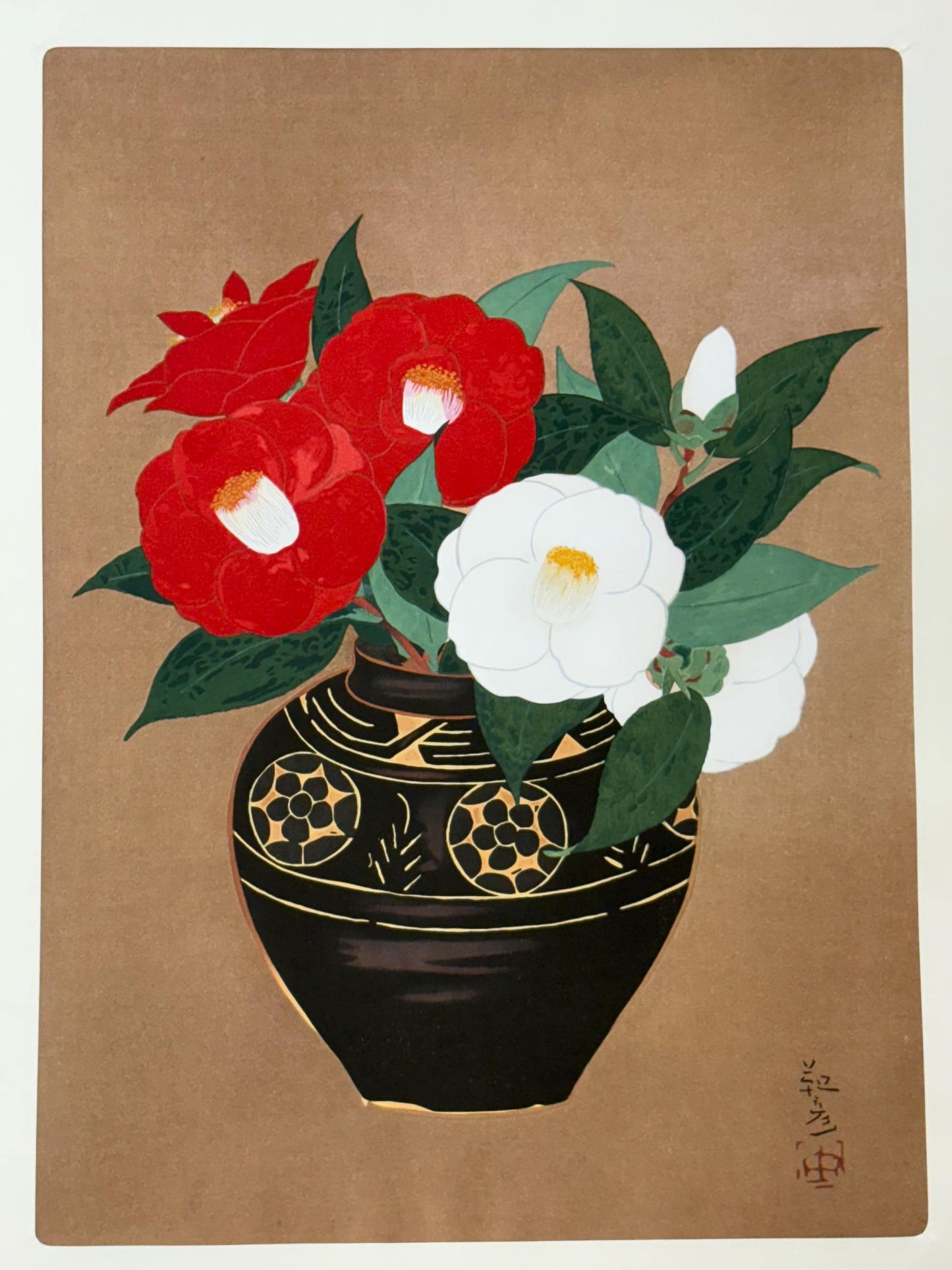 Japanese art, woodblock print, Yukihiko Yasuda, "Red and white camellia", Large size.