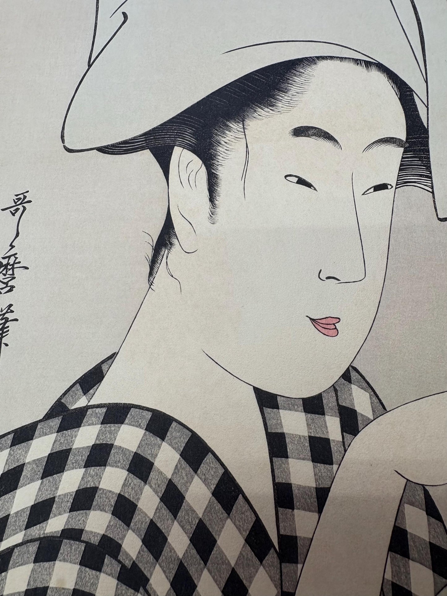 Japanese Ukiyoe, Woodblock print, antique, Kitagawa Utamaro,  "Young Woman Holding a Bowl with a Goldfish"
