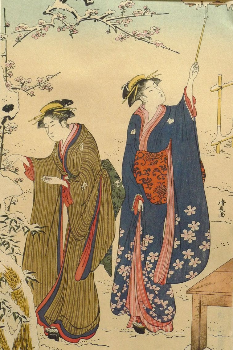 Japanese Ukiyo-e Woodblock print, Kiyonaga,  "Women in Snowy Garden (left)"