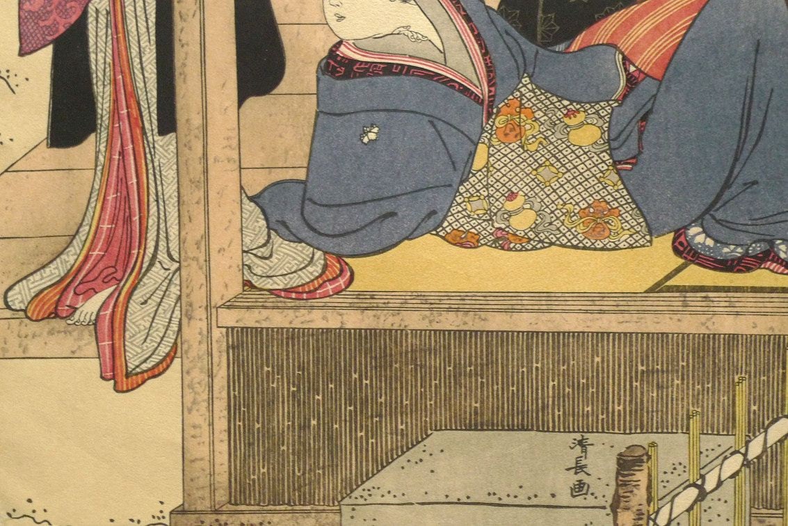 Japanese Ukiyo-e Woodblock print, Kiyonaga,  "Women in Snowy Garden (right)"