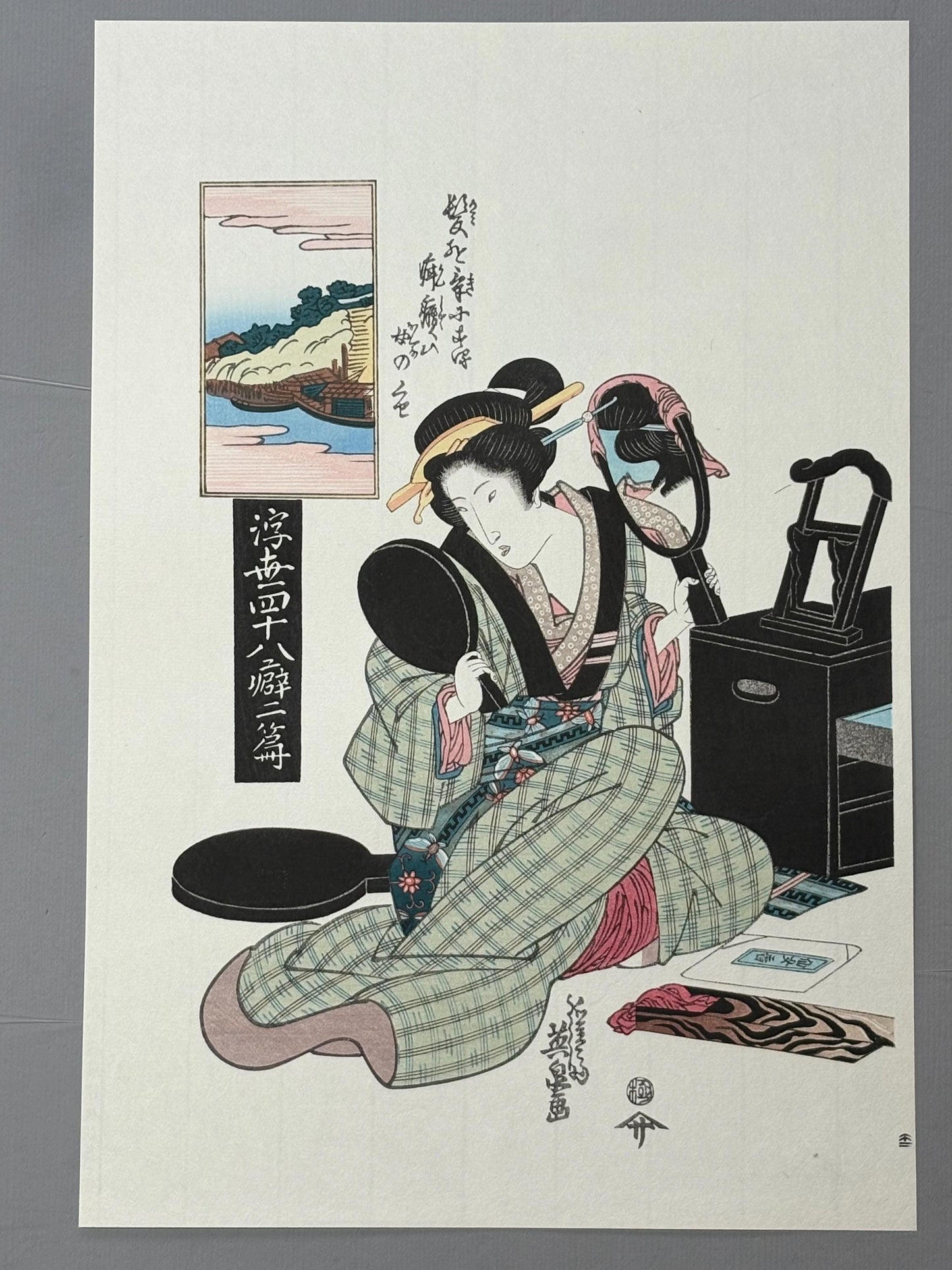 Japanese Ukiyoe, Woodblock print, Keisai Eisen,  "Beauty with Mirror".