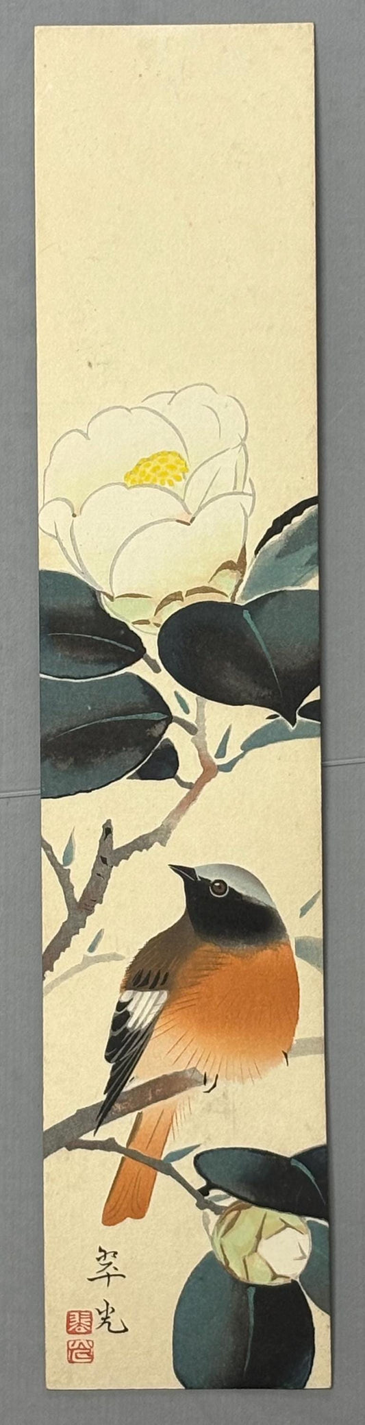 Japanese woodblock print, Fukuda Suiko,"White-flowered camellia and White-eye"
