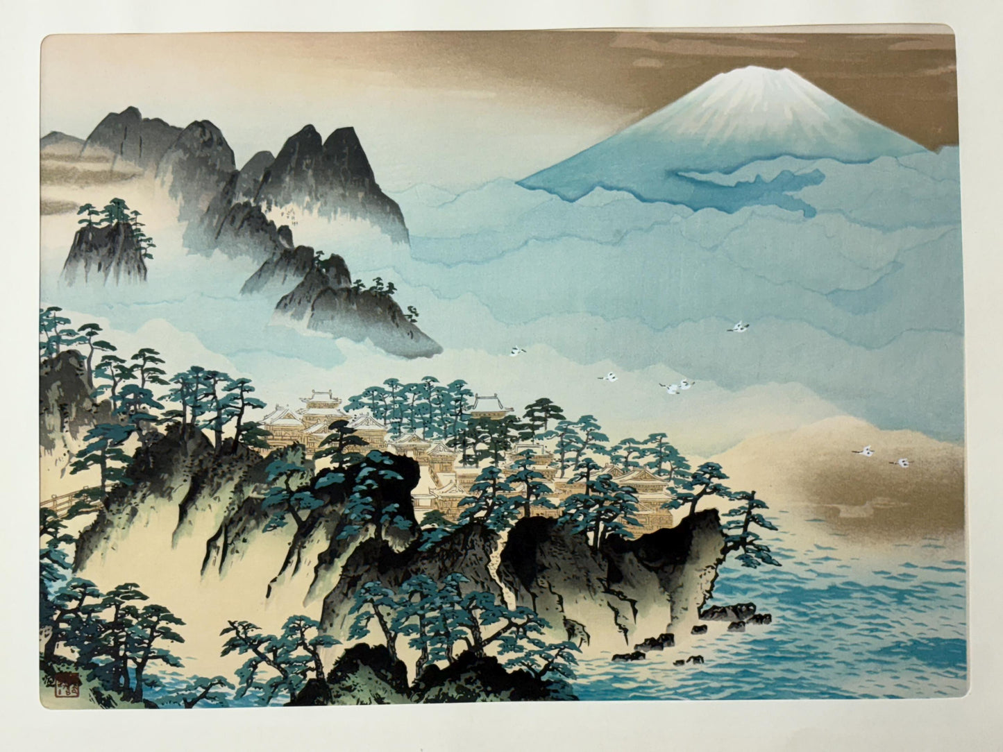 Japanese art, woodblock print, Yokoyama Taikan, "Mount Penglai", Large size.