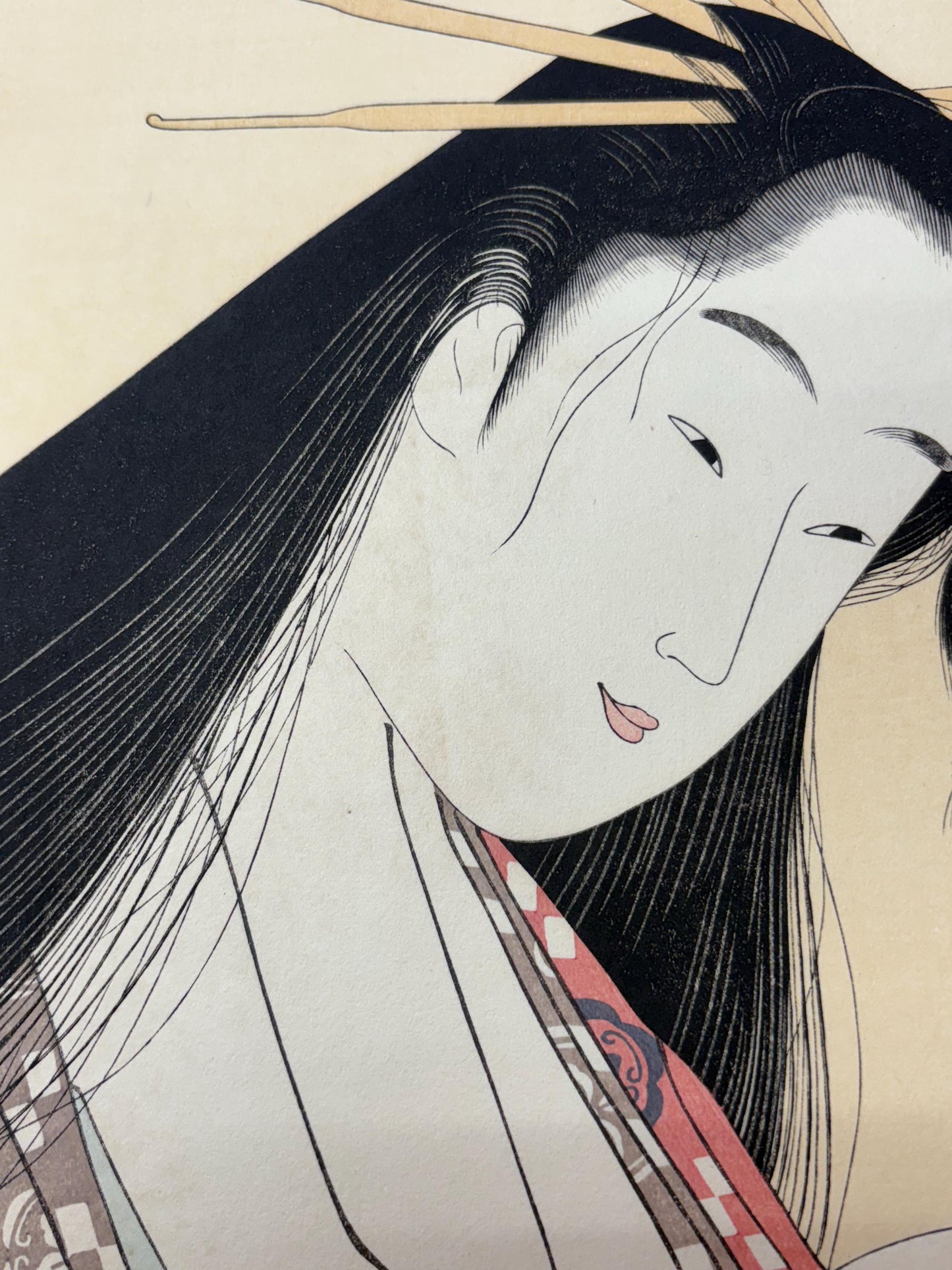 Japanese Ukiyoe, Woodblock print, antique, Hosoda Eishi,  "Courtesan as the Poetess Ono no Komachi, Cherry Blossoms"
