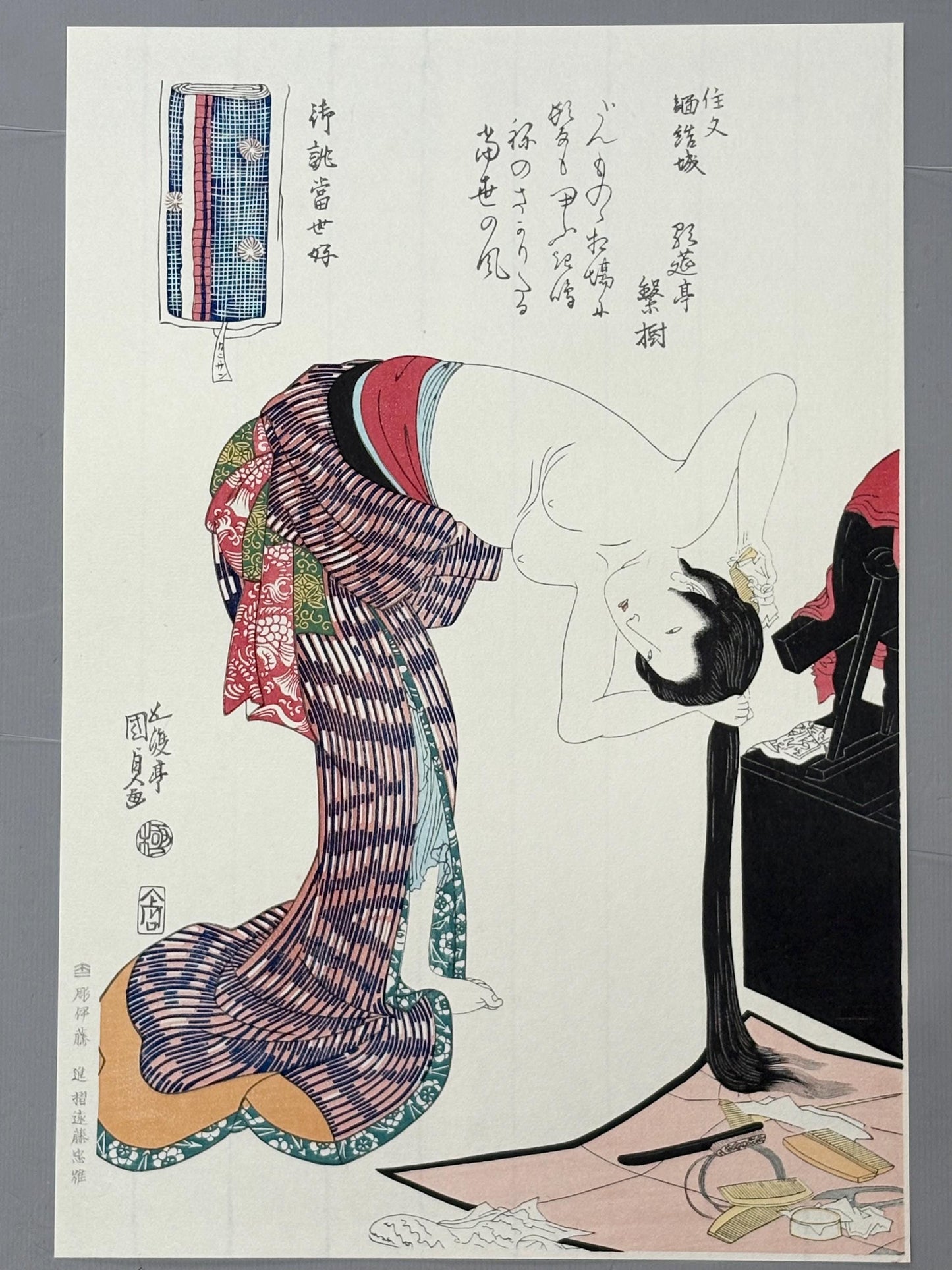 Japanese Ukiyoe, Woodblock print, kunisada,  "Woman combing hair. On-atsuraé Tosei Konomi".