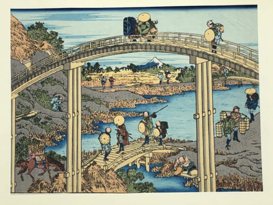 Japanese Ukiyoe, Woodblock print, Katsushika Hokusai, "Mt.fuji as seen from the seven bridges"