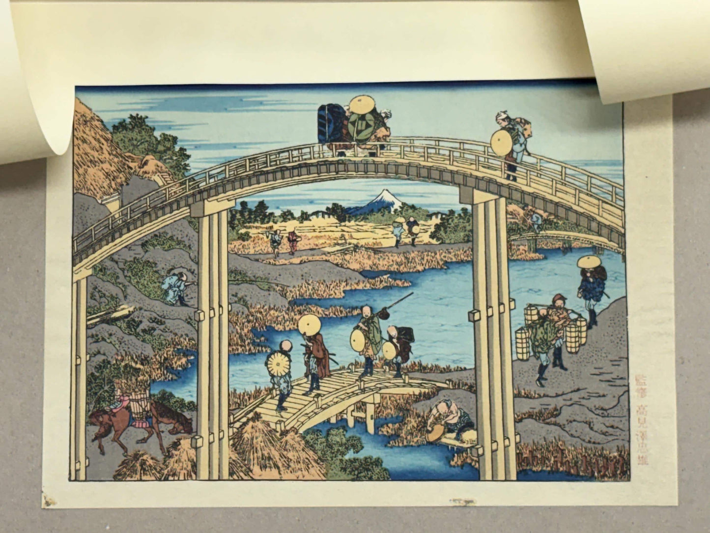 Japanese Ukiyoe, Woodblock print, Katsushika Hokusai, "Mt.fuji as seen from the seven bridges"