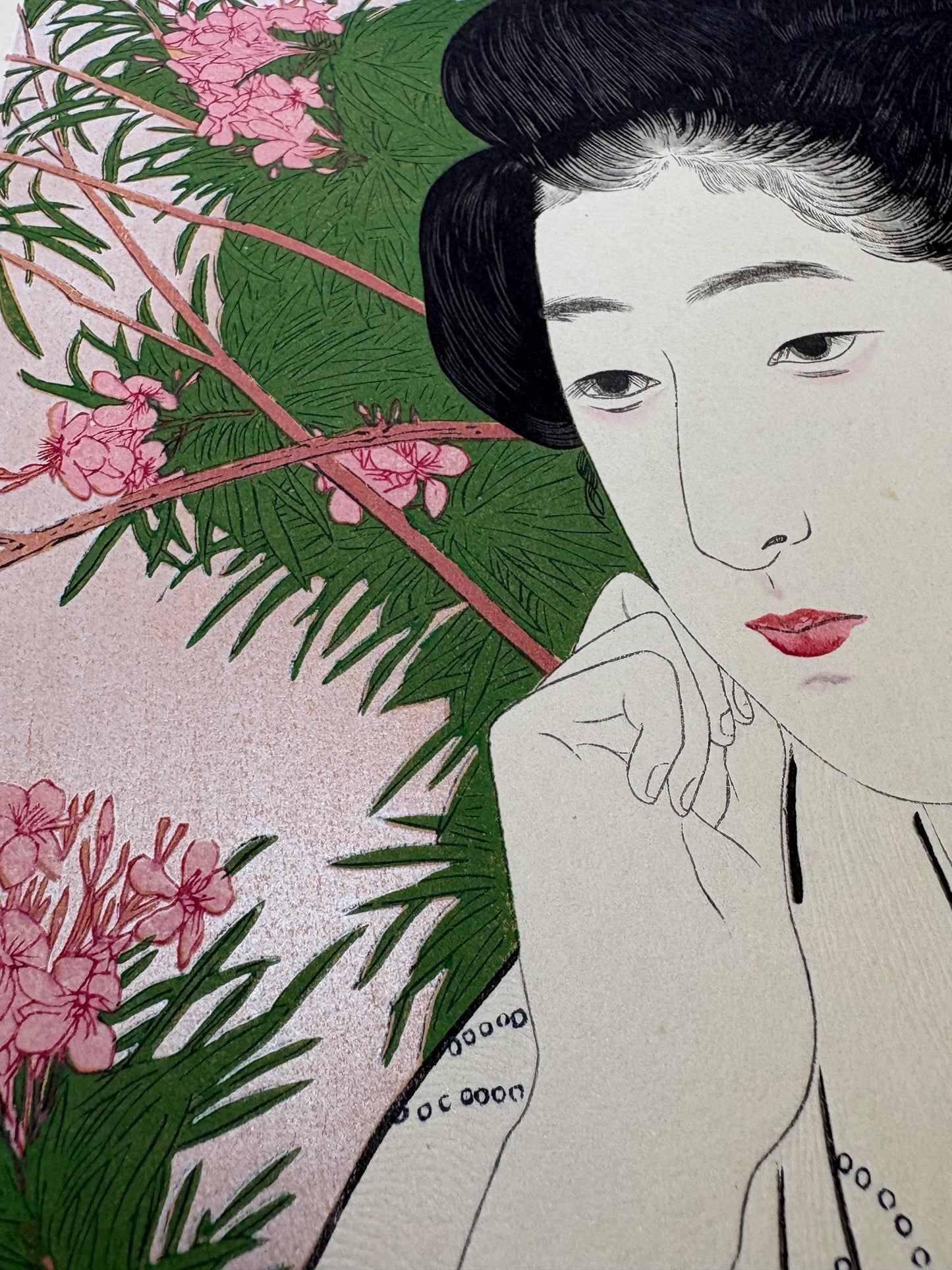 Japanese Ukiyoe, Shin-hanga, Woodblock print, antique, Hashiguchi Goyo, "Woman Standing Before a Blossoming Peach Tree"