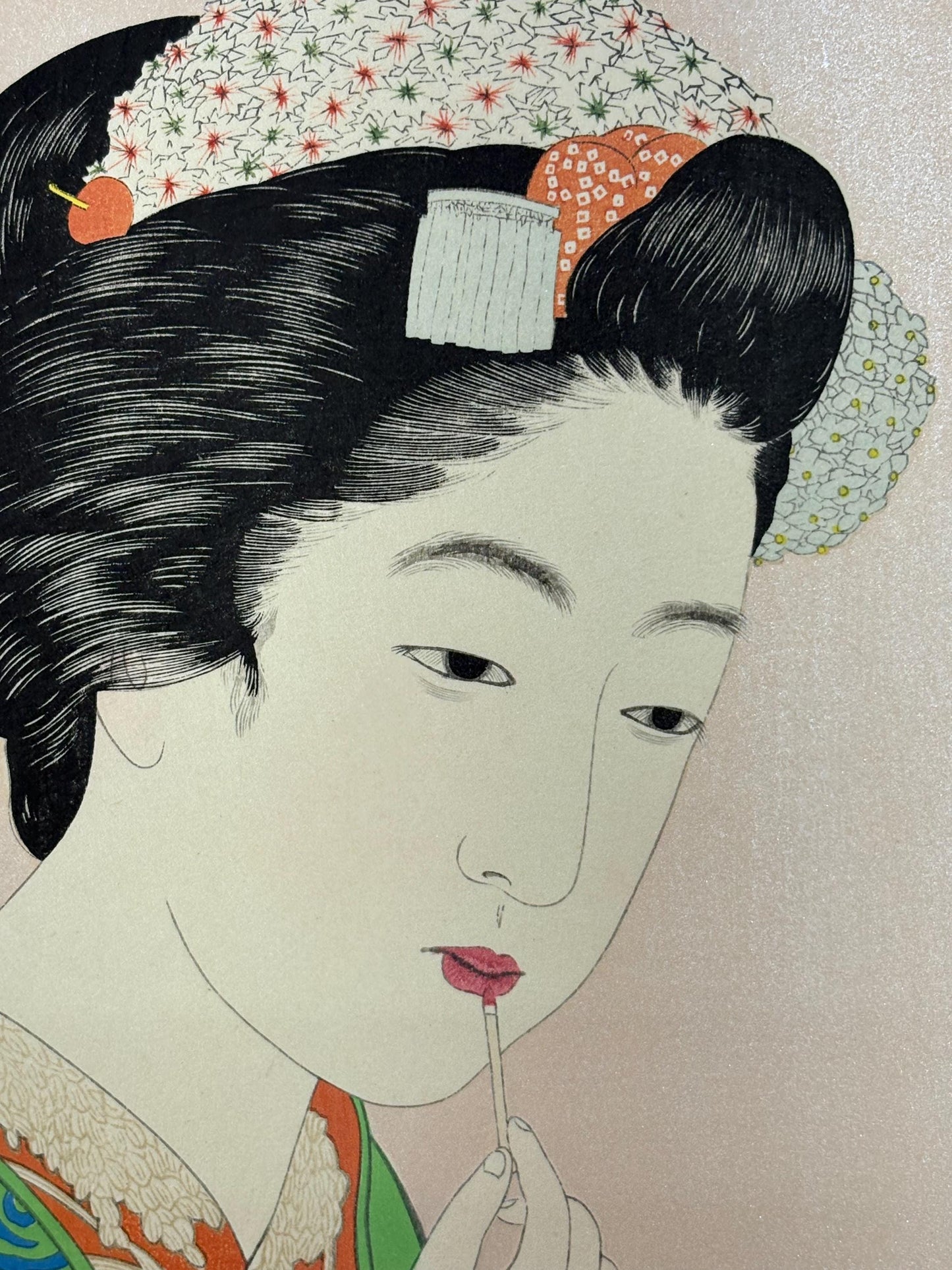 Japanese Ukiyoe, Shin-hanga, Woodblock print, antique, Hashiguchi Goyo, "Lady and Lip Stick"