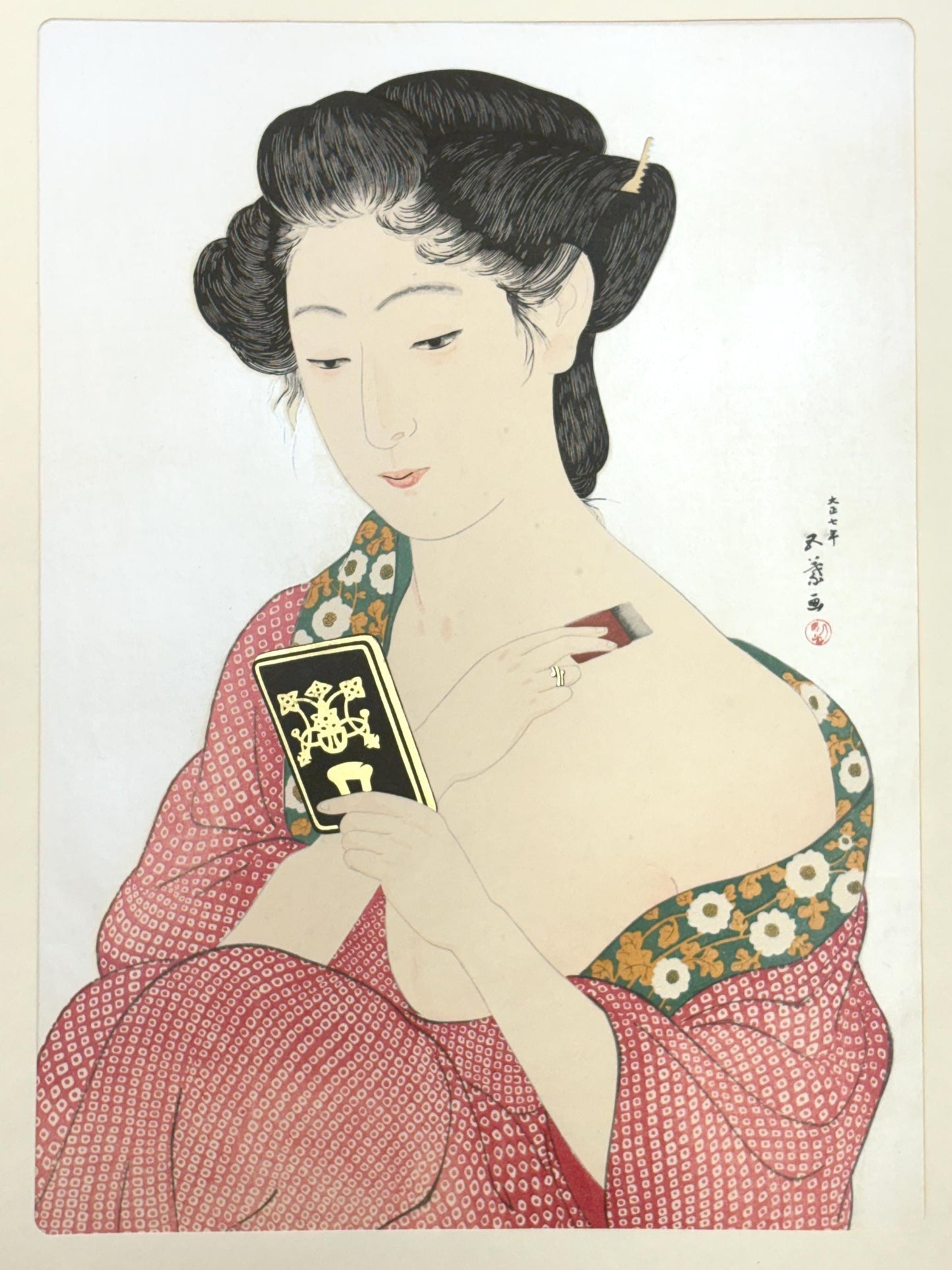 Japanese Ukiyoe, Shin-hanga, Woodblock print, antique, Hashiguchi Goyo, "Woman Applying Makeup- Kesho no Onna"