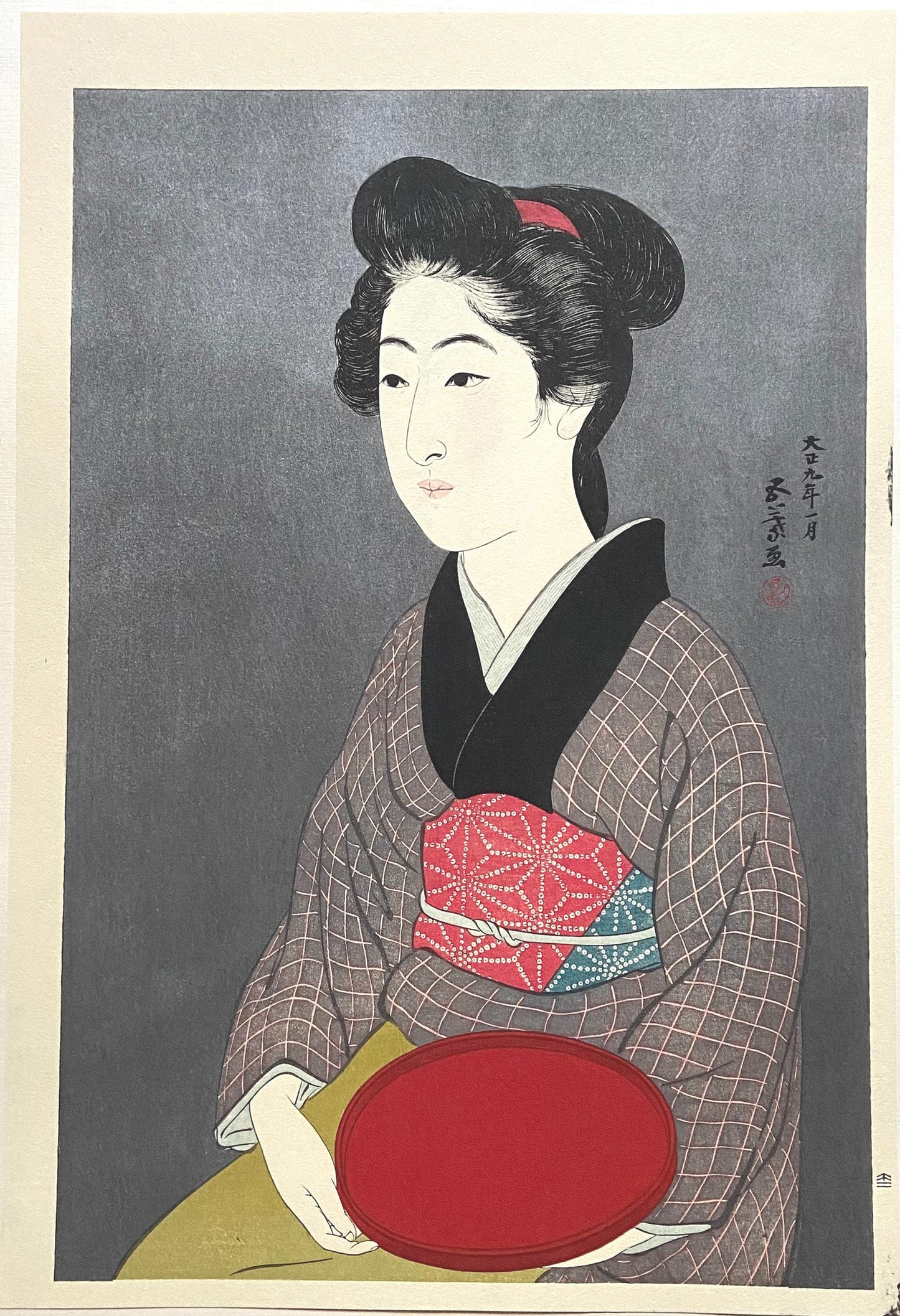 Japanese Ukiyoe, Shin-Hanga, Woodblock print, Hashiguchi Goyo, "Waitress with a Red Tray"