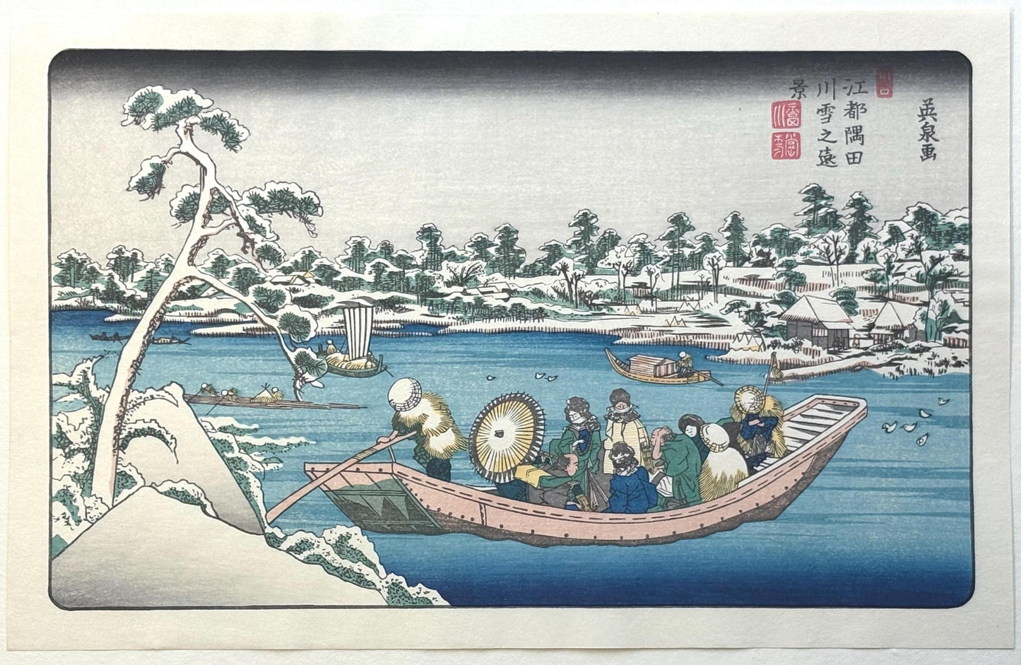 Japanese Ukiyoe, woodcut print, Eisen, "Snow sight of Sumida river in Edo"