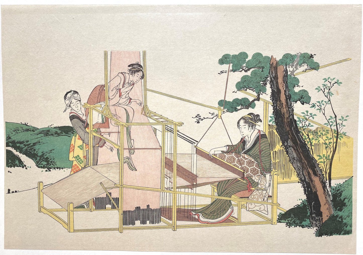 Japanese Ukiyo-e, Woodcut print, 1972, Hokusai, "Weaving".