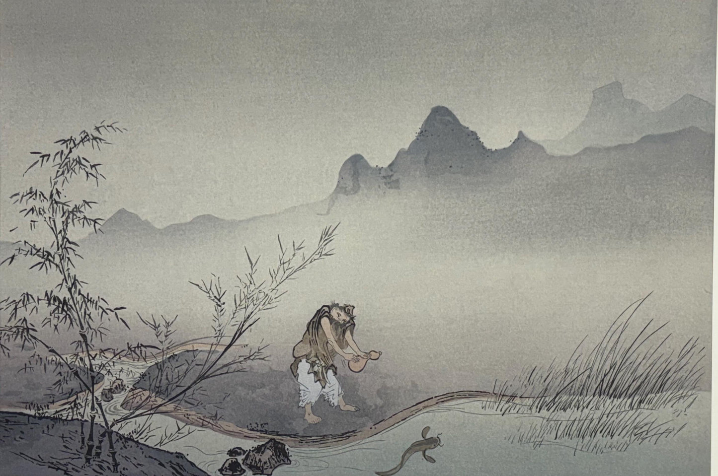 Josetsu,Large size. Japanese woodblock print. Ink painting.