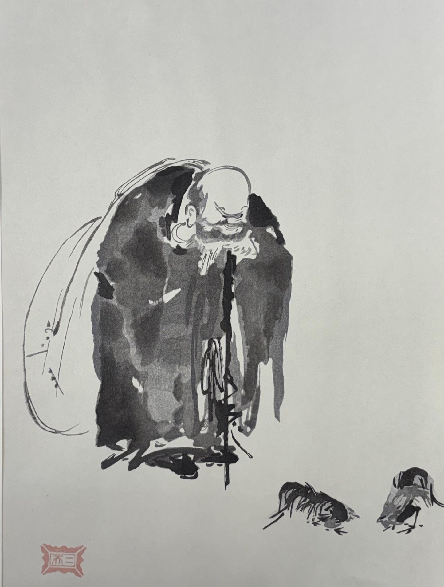 Japanese ink painting, woodcut print, Niten Miyamoto,Large size.