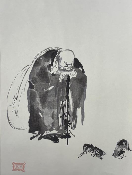 Japanese ink painting, woodcut print, Niten Miyamoto,Large size.