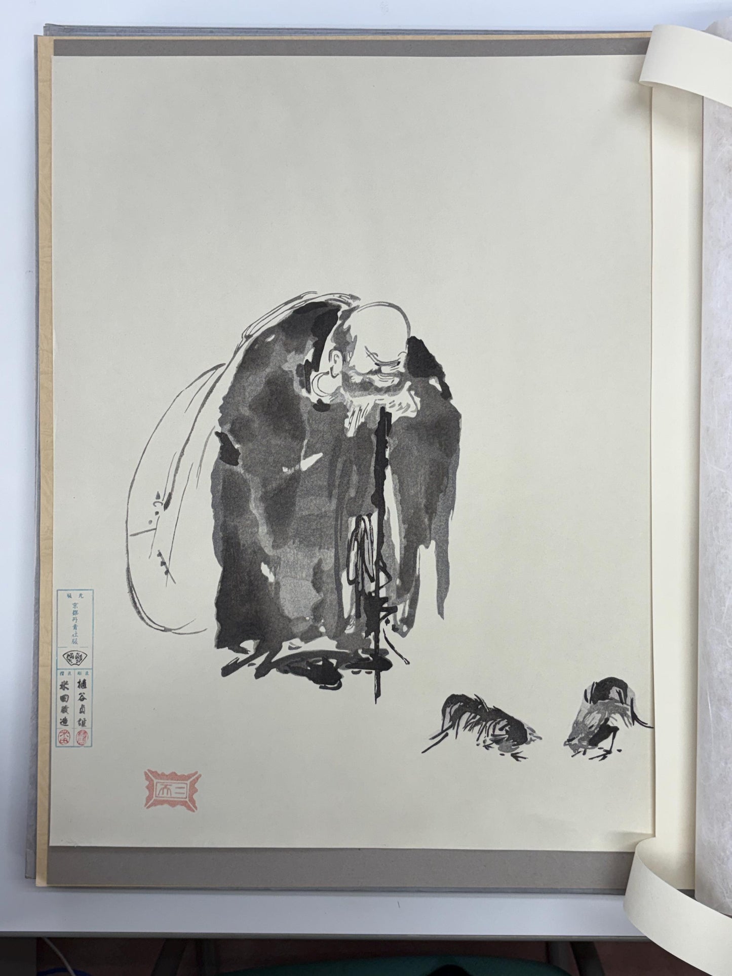 Japanese ink painting, woodcut print, Niten Miyamoto,Large size.