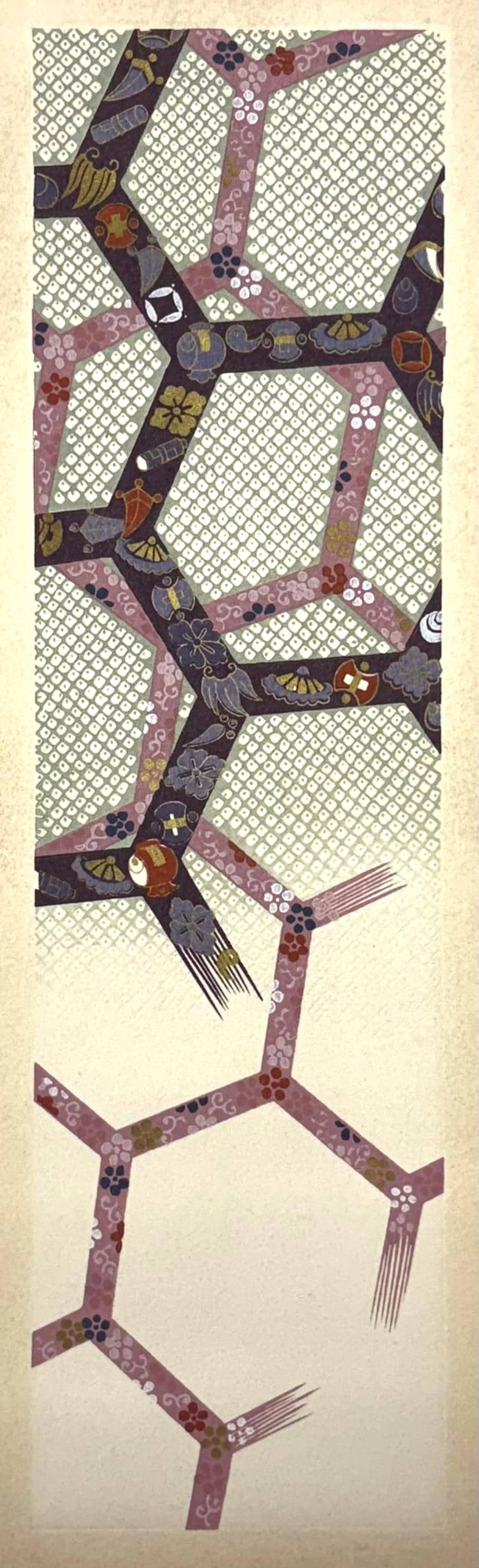 Japanese antique woodblock print, Design, 1937, Kawarazaki Kodo, Kimono design. 2-15