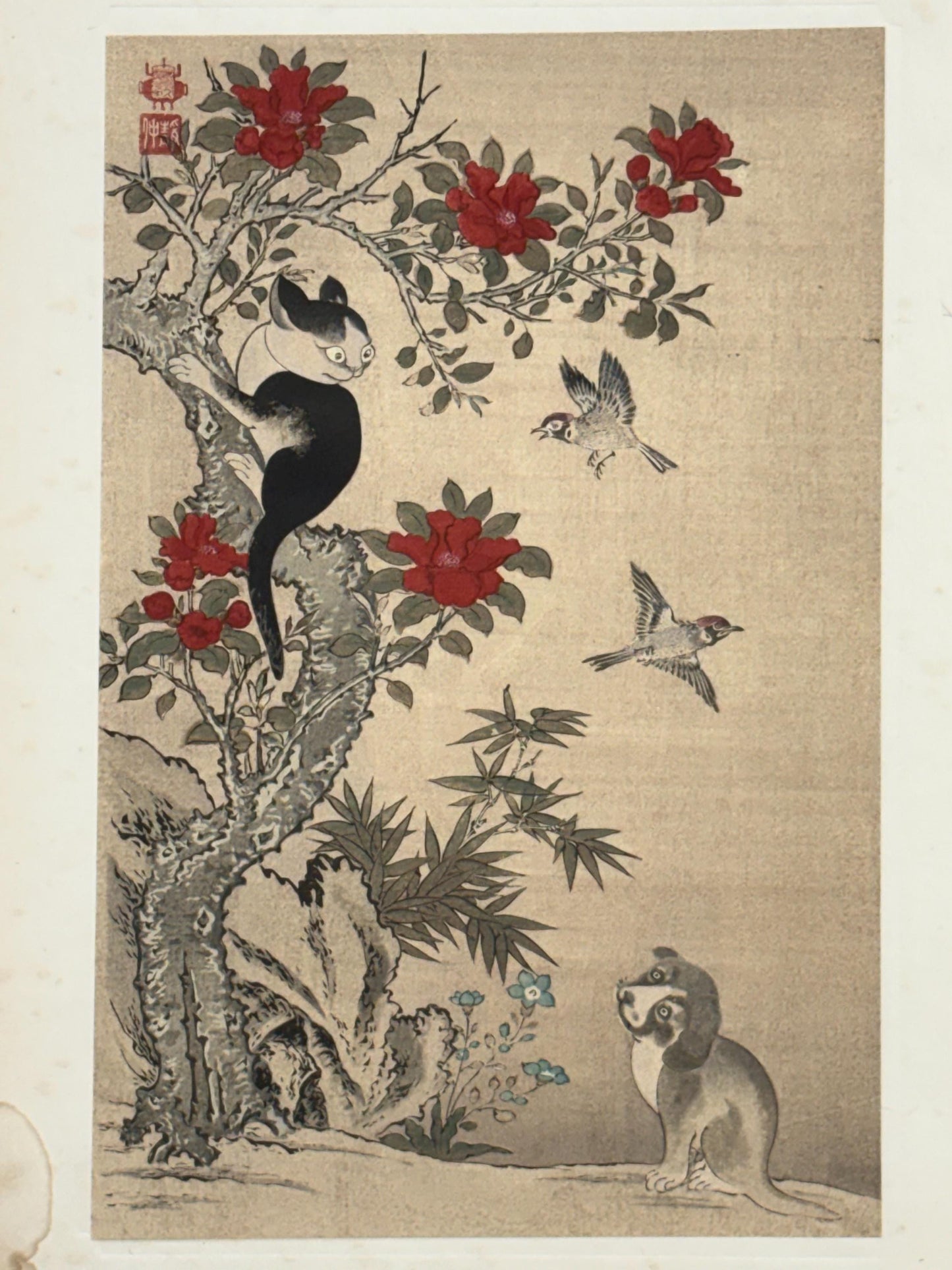 1923, Japanese vintage Woodblock print, Wan Shan Chin Chung "Red Flowers"