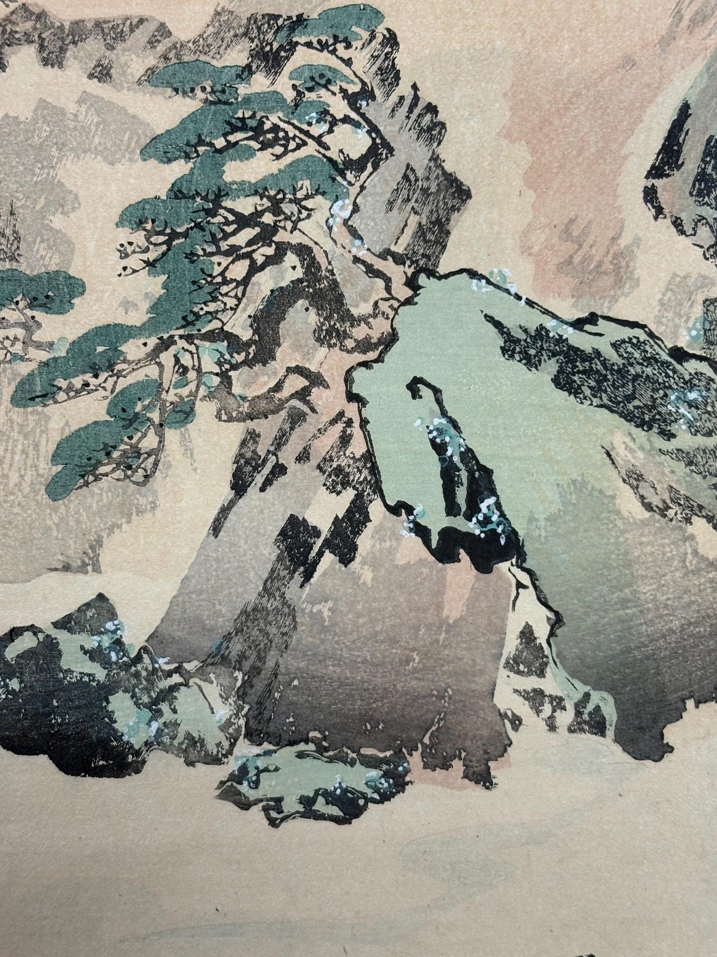 1908,  Japanese Woodblock print, antique, Kikuchi Hobun, "blue sea and white cranes".