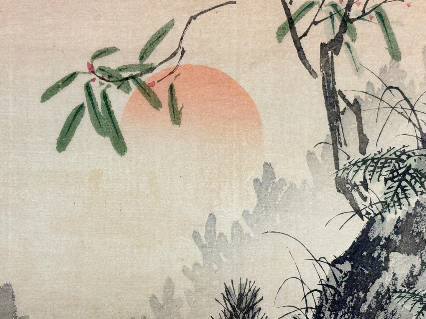 1908,  Japanese Woodblock print, antique, Morikawa Sobun, "spring sunshine and the rising sun".