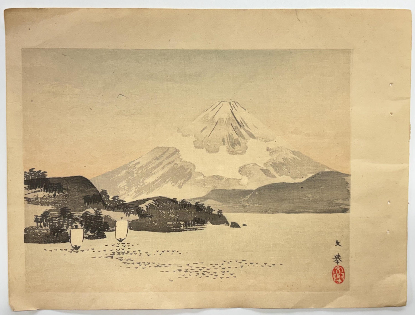 1908,  Japanese Woodblock print, antique, Nomura Bunkyo, "Beautiful Peak".